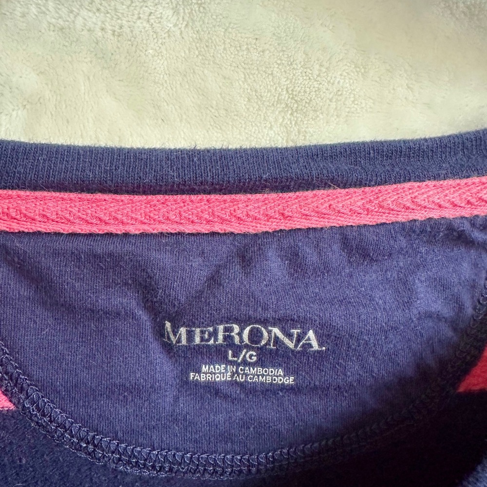 Merona Navy‎ Blue Coral Pink Striped Crewneck 3/4 Sleeve Sweatshirt Size Large - Picture 2 of 5